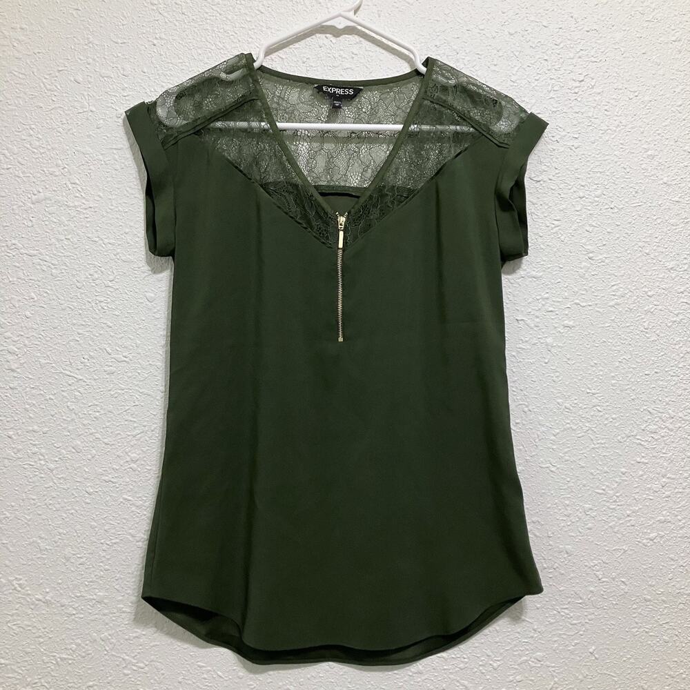 Express Olive Green Lace Zip Front V Neck Blouse Top XS Cap Sleeve Office Chic